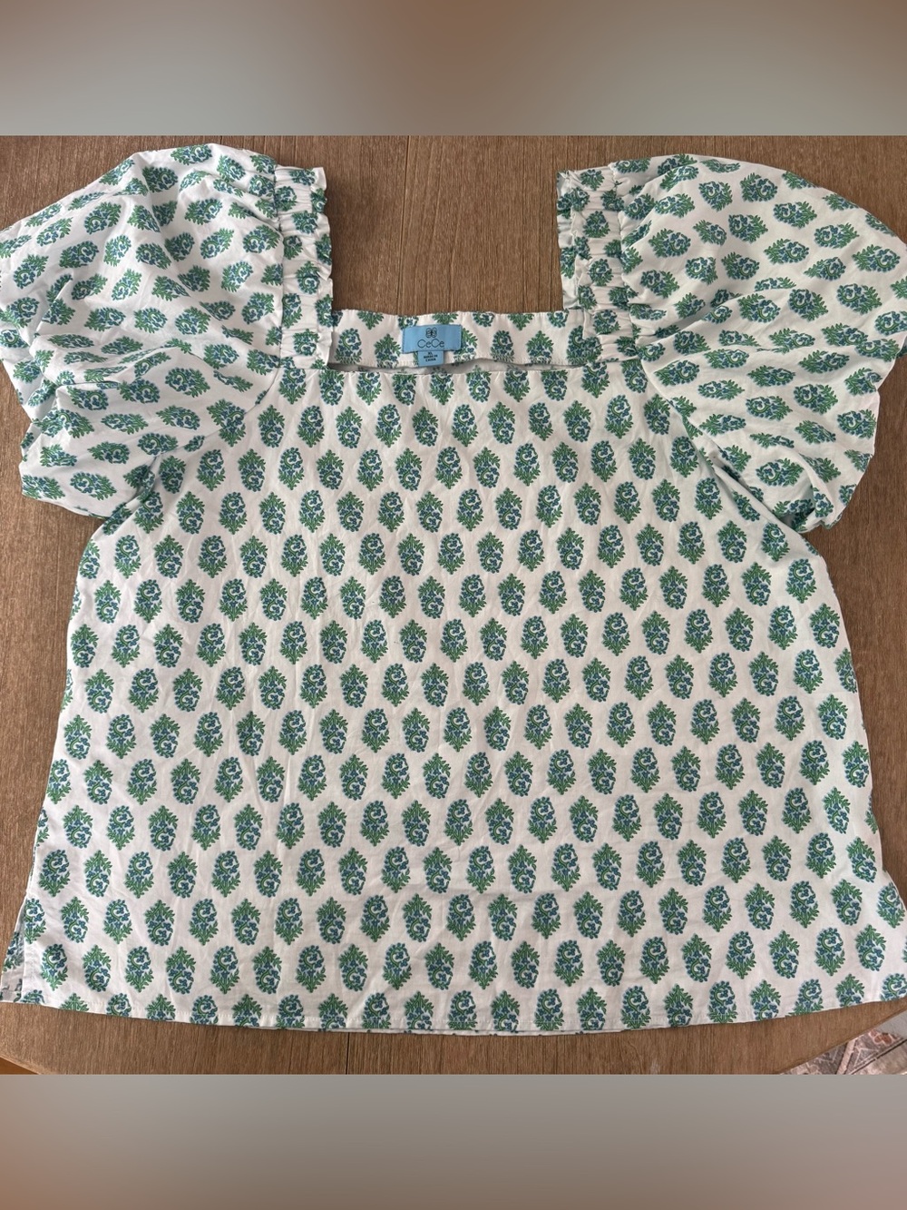 CeCe Cream Top with Green Floral Print and Square Neck